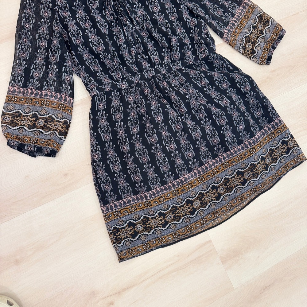 Madewell Long Sleeve Mini Dress Damask Print Allover Cinched Waist Blue 12 Boho - Picture 13 of 15